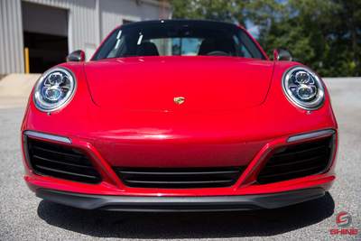Front phot of candy red porsche after completed ppf install
